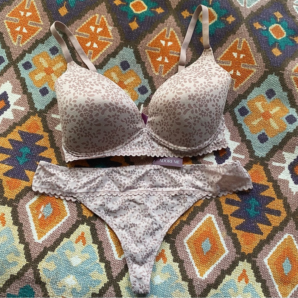 Adore Me NEW Mauve Floral Lori Wireless Contour Bra & Matching Tong Size 34DDD L